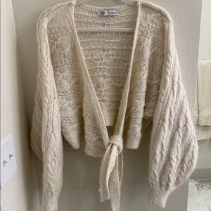 Zara Ivory Cable Knit Tie-Wrap Cardigan